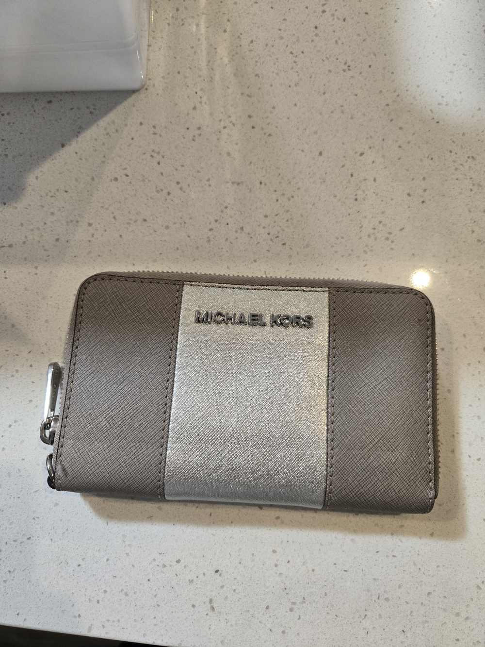 Michael Kors Metallic Silver and Taupe Zip Card Holder Wallet